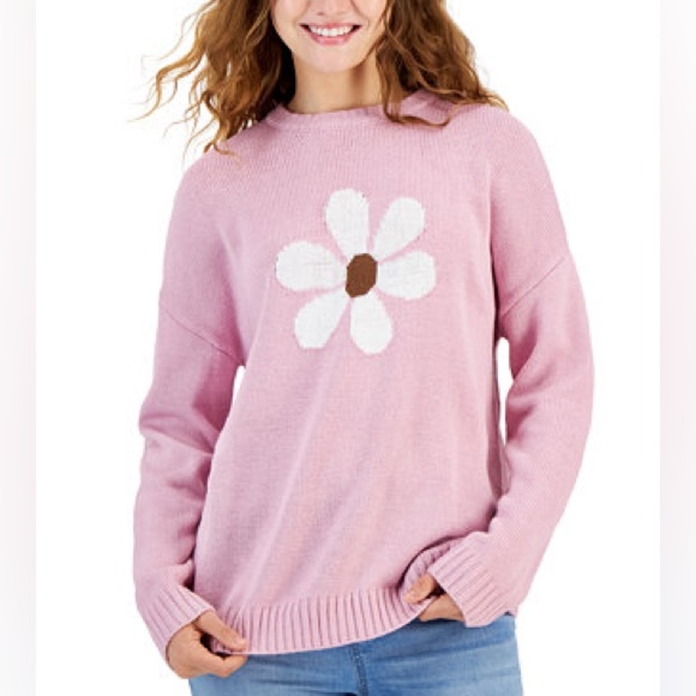 Just Polly Women's Pink Daisy Graphic Ribbed Crewneck
Relaxed Fit Sweater Medium